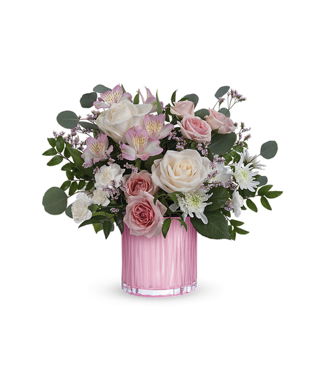 white and pink floral arrangement in pearlescent vase